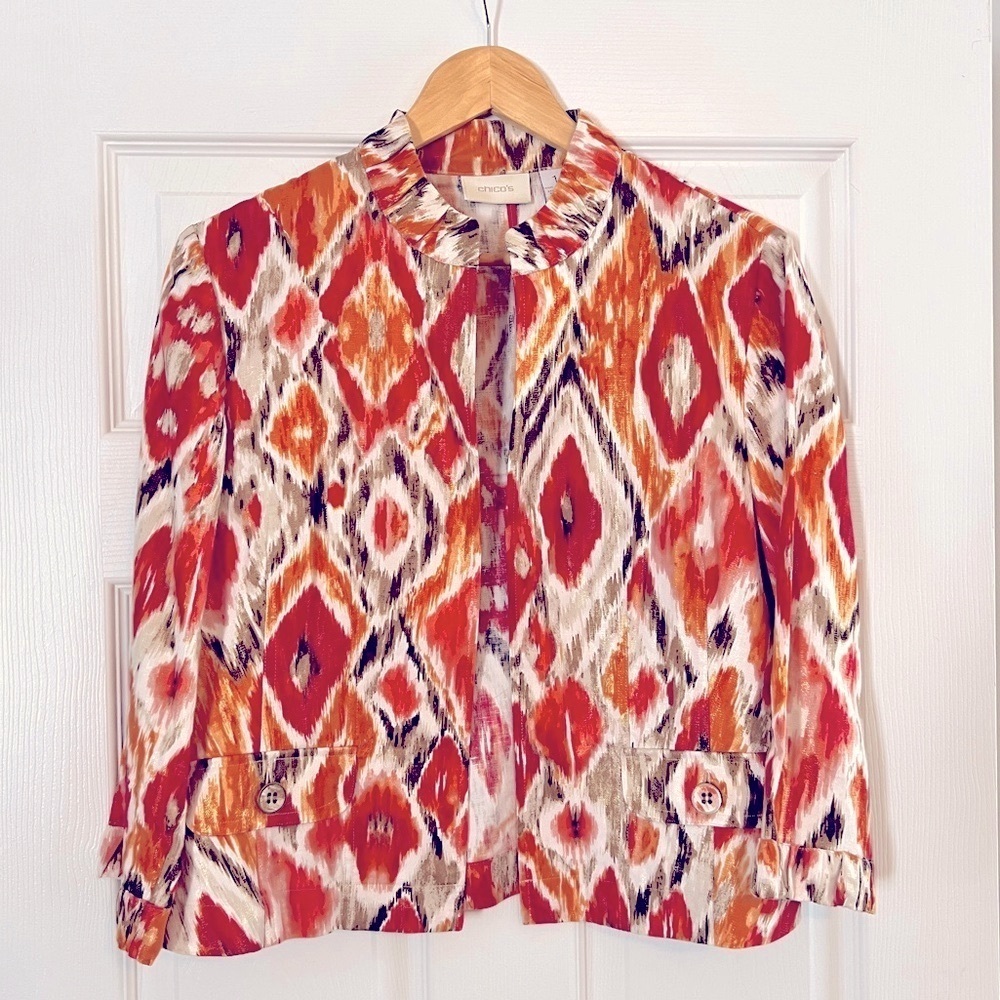 Chico’s Shimmery Gold Colorful Lightweight Jacket Size Medium 8-10